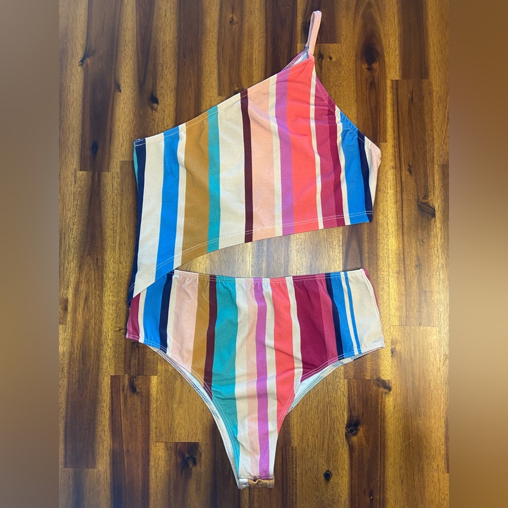 Farm Rio Rainbow Striped Cut Out One Shoulder Bodysuit Size Small